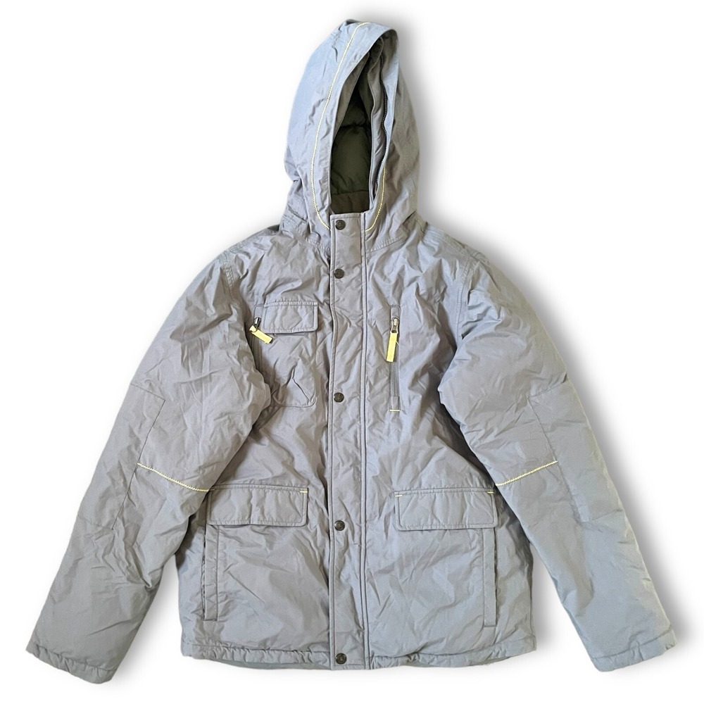 Lands End Down Feather Jacket Kids Boy Sz XL 18-20 Gray Faux Fur Hood Insulated
